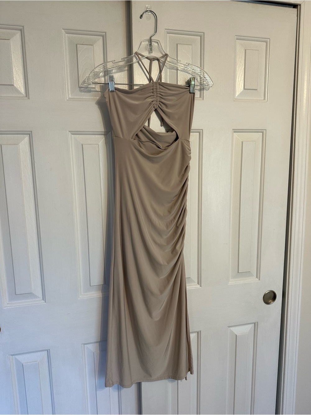 Women's Taupe Ruched Halter Cutout Dress